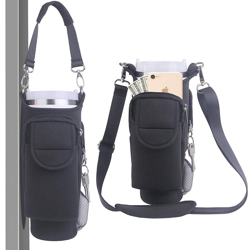 GHJTFC 40OZ Magnetic Water Bottle Carrier Bag, Compatible with Stanley Cup, with 5 Strong Magnets, Detachable Shoulder Strap, Hand Strap and Multiple Storage Pouches (Black)