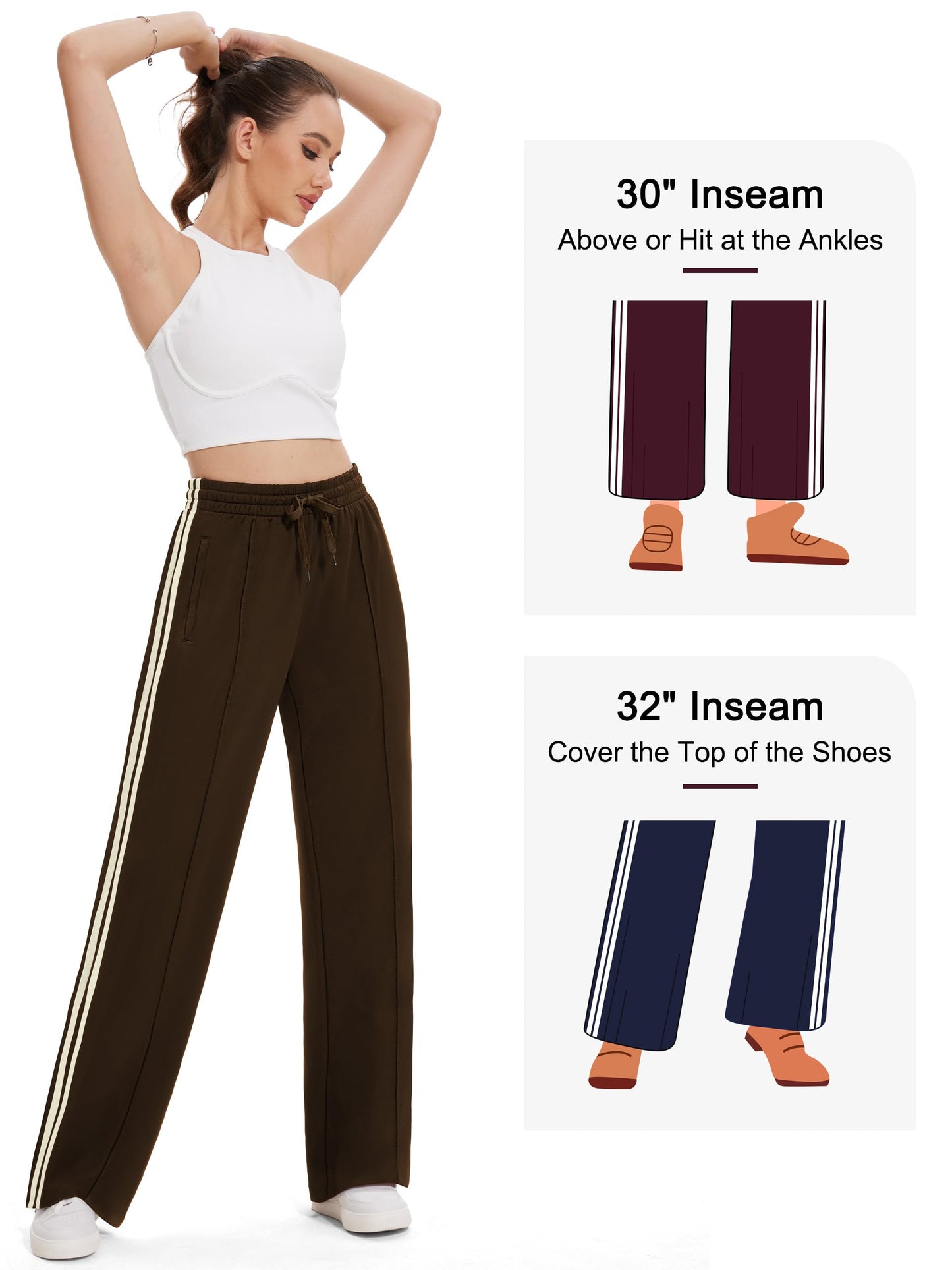 Tapata Tall Womens 34" Inseam Track Pants Relaxed Fit Striped Workout Sweatpants Baggy Trousers with Zipper Pockets, Brown, M