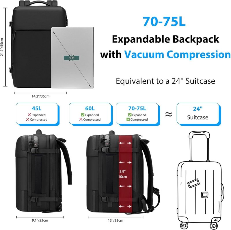 Vacuum Travel Backpack - 70L Expandable Air Backpack with Pump | TSA Lock, USB Charging, Waterproof