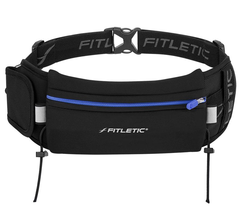 Fitletic Running Belt with Side Pocket, Loops for Energy Gels, Race Bib Number Holder. Waist Pack Water Resistant Phone Holder. Model Ultimate II