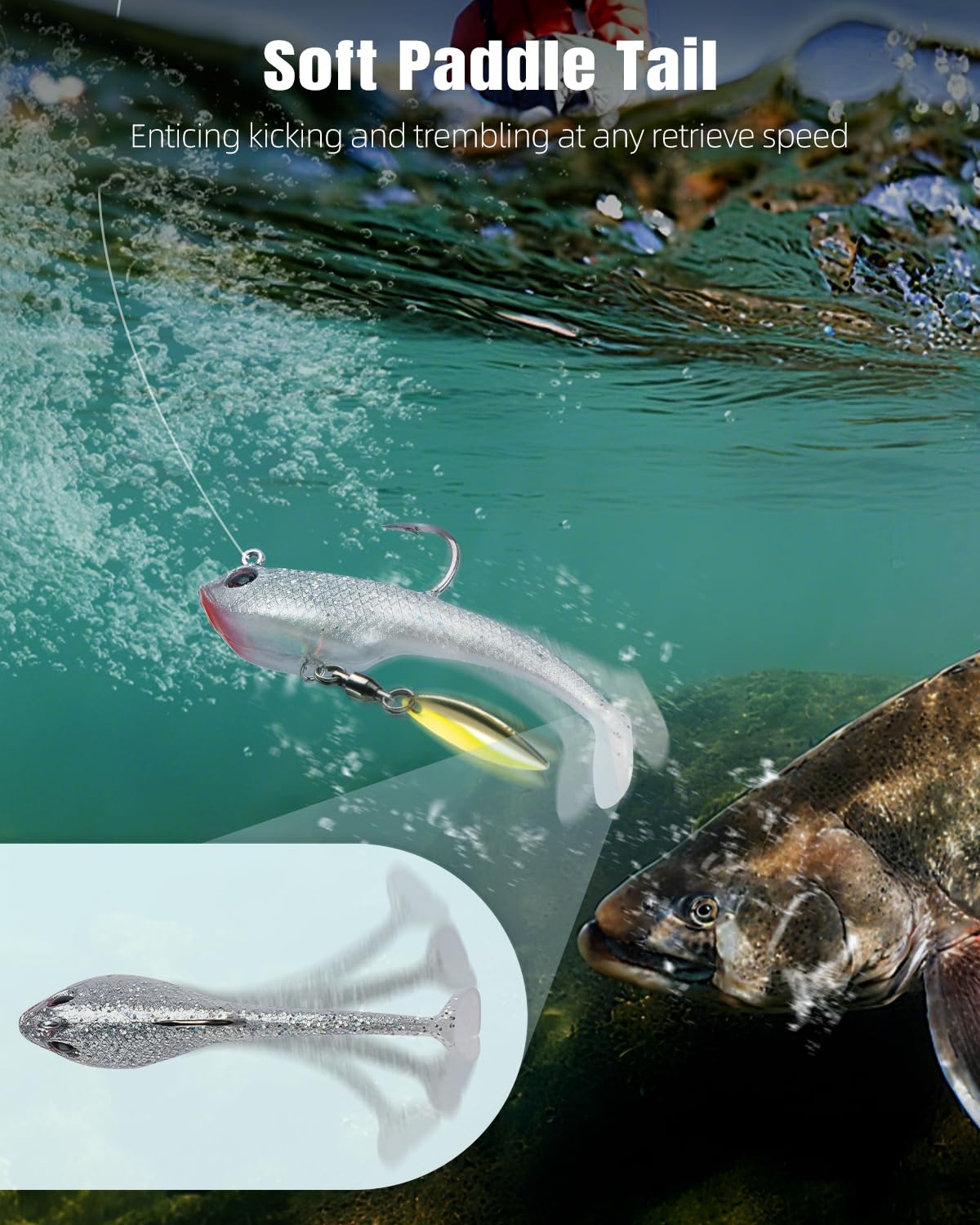 Pawfly 6 Pcs Fishing Lures, Soft Bass Lures, Fishing Bait Trout Lures with Jig Heads, Plastic Swimbaits for Freshwater & Saltwater, Paddle Tail Swim Baits for Bass Catfish Trout Crappie Walleye