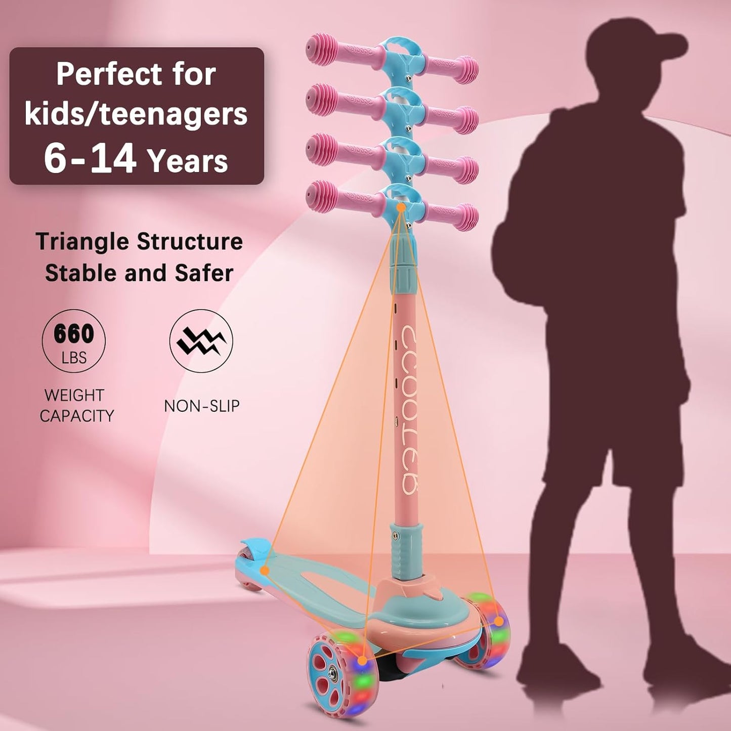 3 Wheels Kick Scooter for Kids & Teens - Extra Wide Deck, 4 Adjustable Heights | Foldable Handlebar, LED Flashing Lights