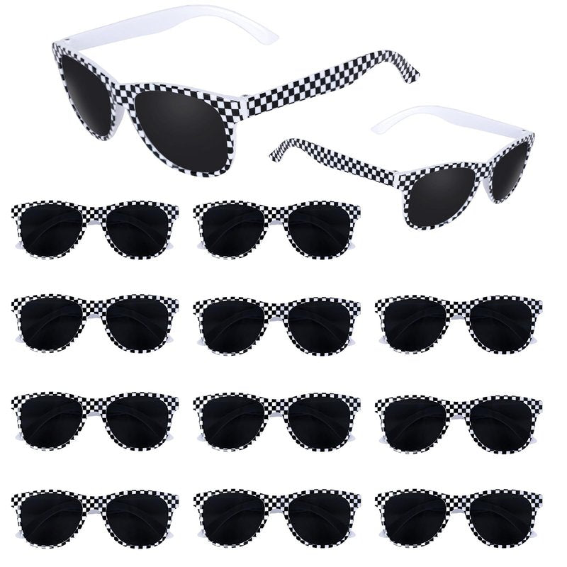 PLUVAVA 10 Pieces Race Car Sunglasses Plastic Black White Checker Sunglasses for Racing Theme Checkered Party Favors Summer Pool Beach (10 PCS)