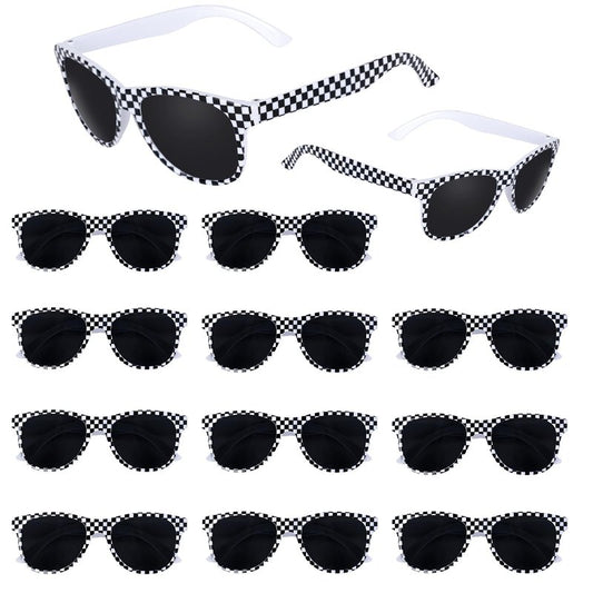 PLUVAVA 10 Pieces Race Car Sunglasses Plastic Black White Checker Sunglasses for Racing Theme Checkered Party Favors Summer Pool Beach (10 PCS)
