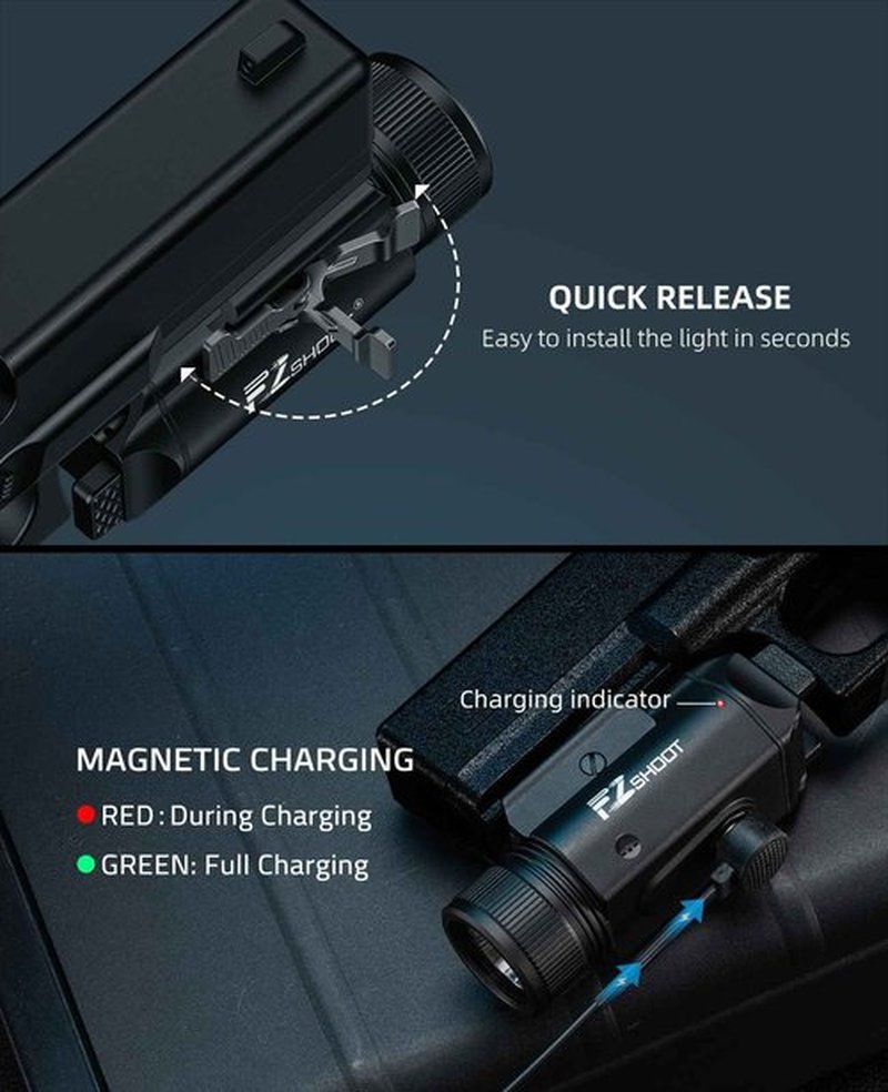 EZshoot 2400 Lumens Laser Light Combo with Strobe Mode, High Lumen Tactical Light for Pistol, Magnetic Rechargeable Green Laser Light with Quick Install Adjustable Slide Rail for Picatinny GL Rail