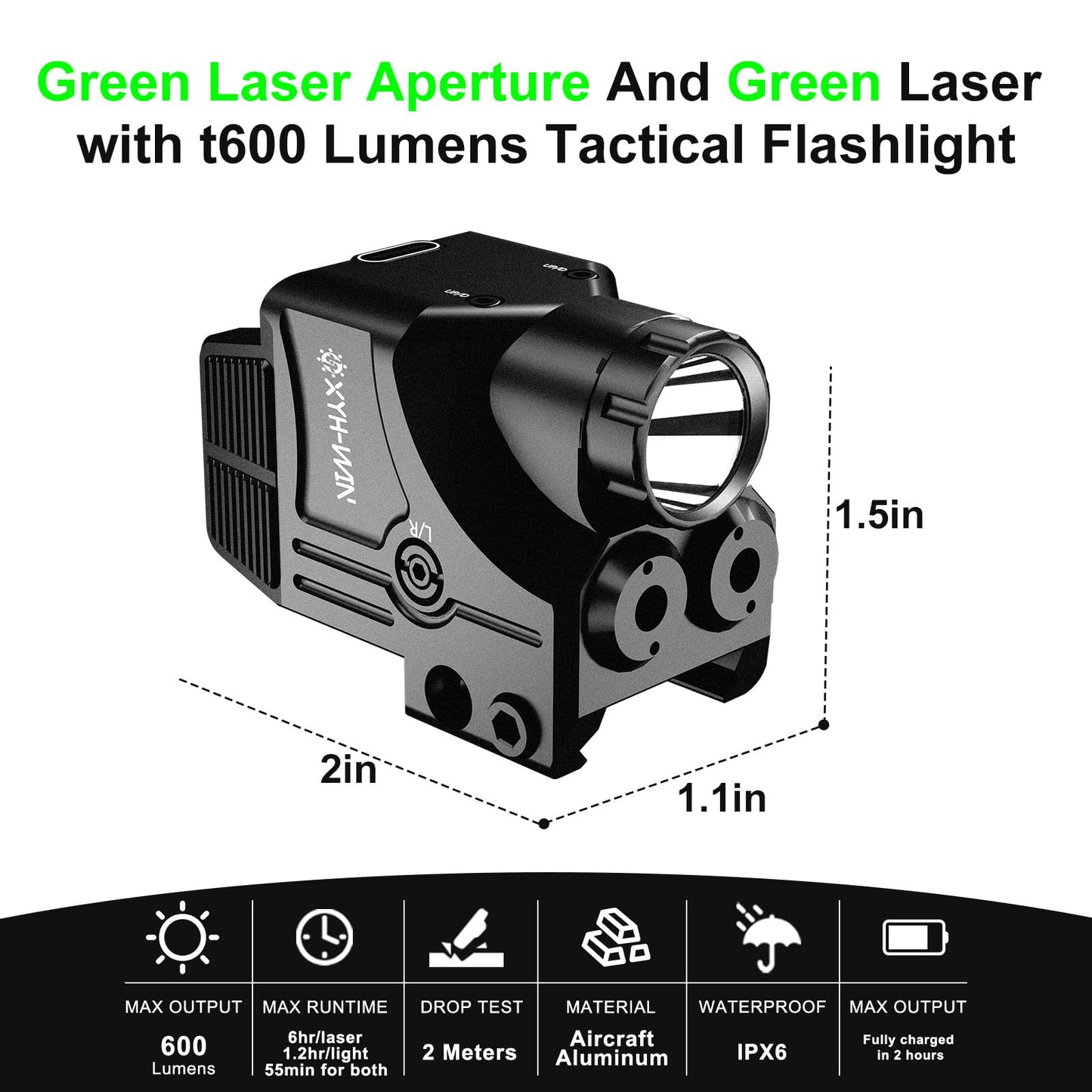 XYH-Win 600 Lumens Weapon Tactical Light Green/Green Circle Laser Sight Combo, Pistol Light with Strobe/Constant Function, Dual-Color Laser Sight,USBC Rechargeable,Fits Standard Picatinny Rails