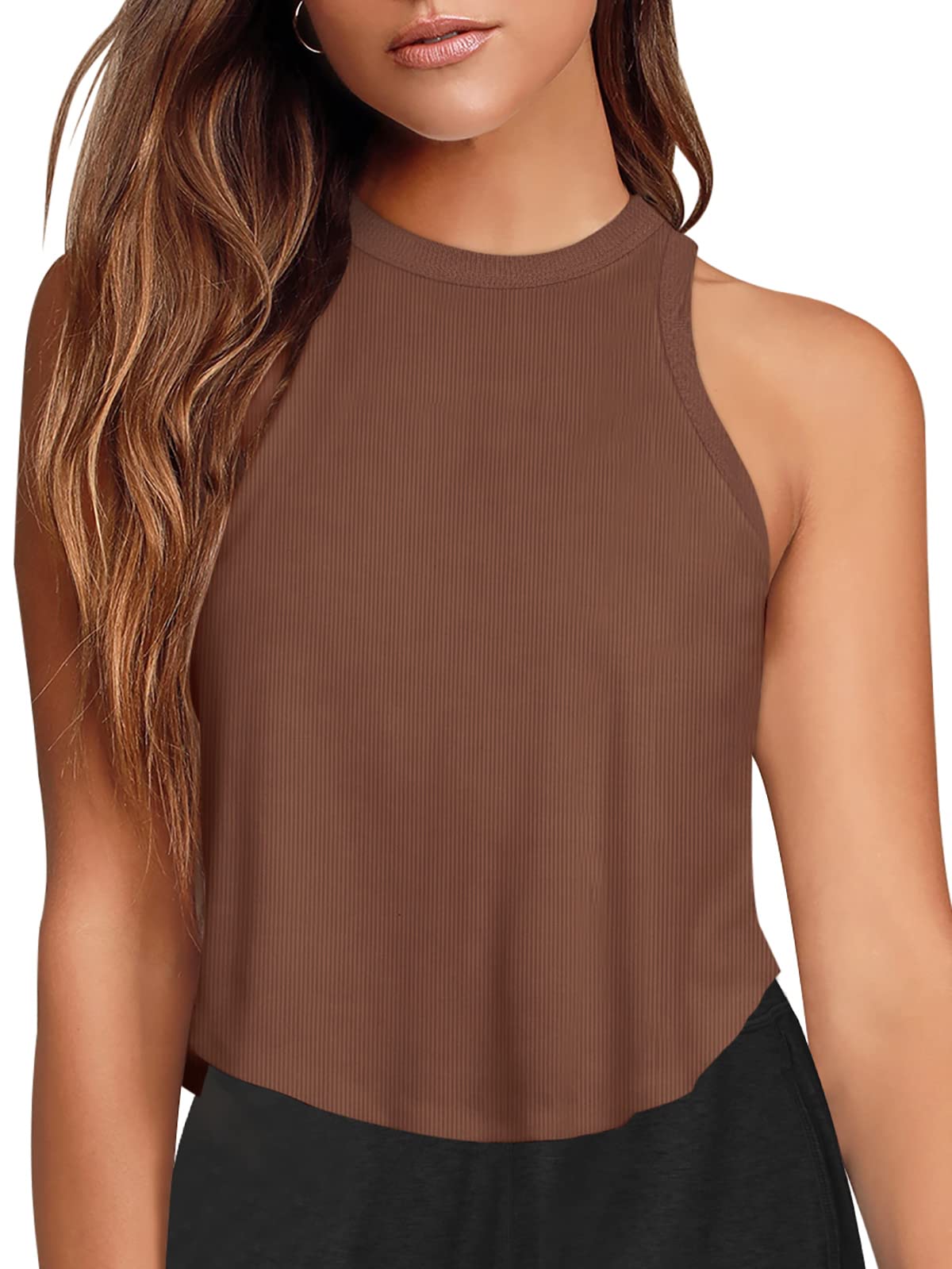 LASLULU Womens Athletic Crop Tops Sleeveless Workout Shirts Sexy Tops Flowy Running Shirts Gym Muscle Tank Casual Tops Racerback Tank Tops(Coffee Small)