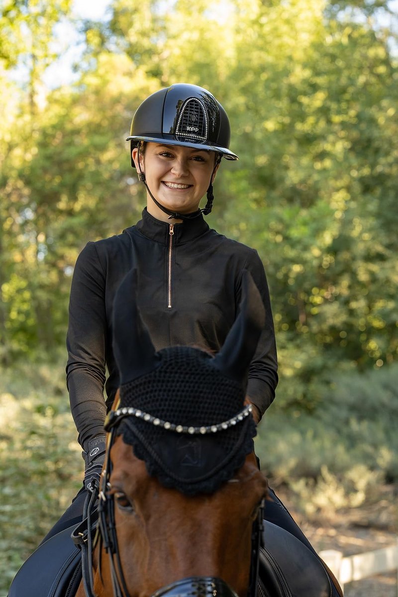 Equestrian Sun Shirt for Women -Ladies Long Sleeve Horseback Riding Base Layer Shirt - English and Dressage Horse Riders Gift (US, Alpha, Medium, Regular, Regular, Black & Rose Gold)