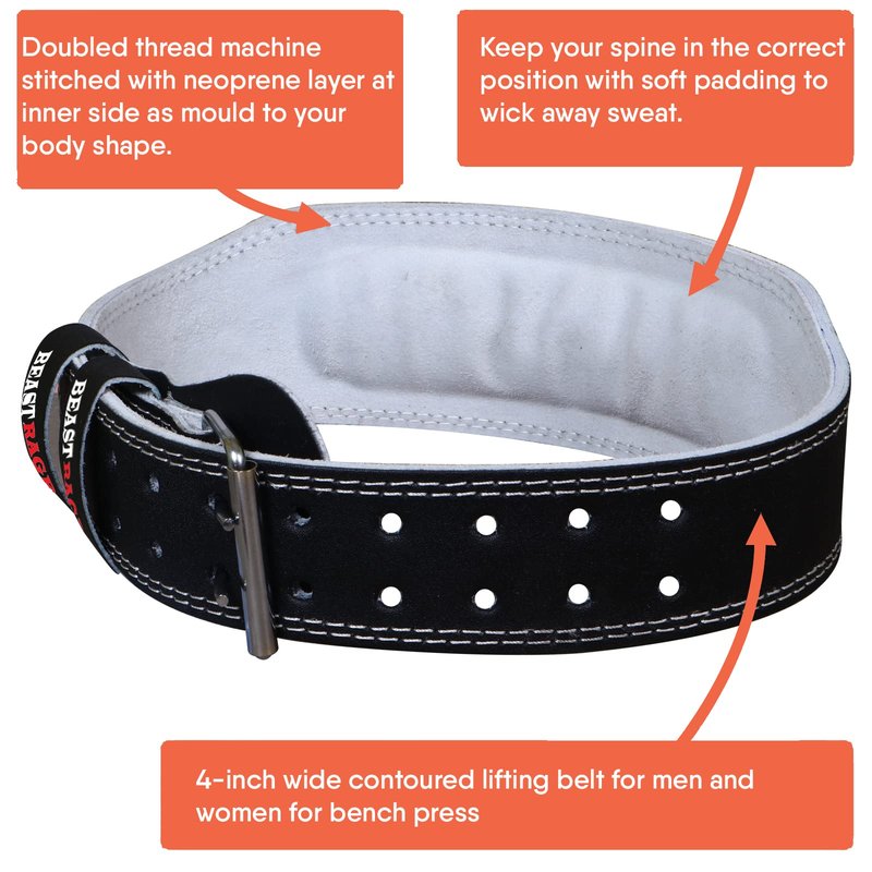 BEAST RAGE Weight Lifting Belt Leather Heavy Duty Gym Body Building Workout Training Weight Lifting Belt Adjustable Holes 4” Padded Lumbar Back Support Exercise Powerlifting Fitness Strength (Black, XL)