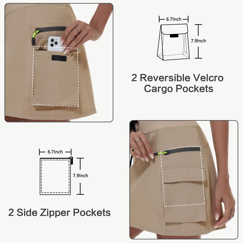 MIVEI Skorts for Woman - Hiking Cargo Skorts with Zipper Pockets, High Waisted Quick Dry Golf Workout, Dressy Casual Brown