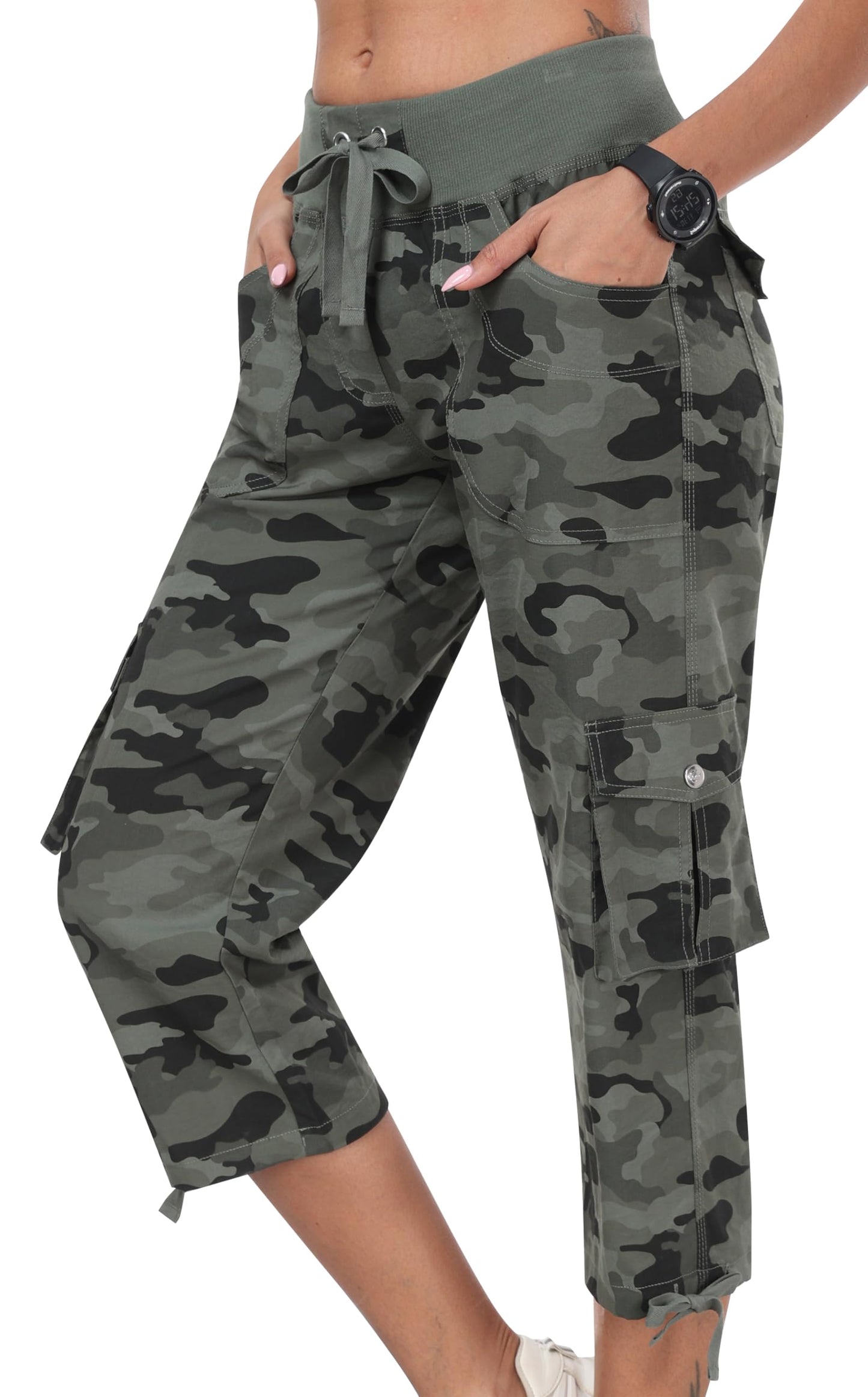 MoFiz Hiking Cargo Shorts for Women Outdoor Quick Dry Athletic Shorts for Boating Camping with Pockets Camo Green L