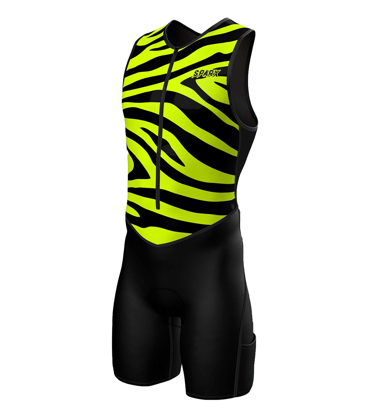 Sparx Men's Premium Triathlon Suit – Padded, Quick-Dry, Compression Fit, Lightweight Tri Suit for Swim, Bike, Run Race & Training (Yellow Tiger, 2XL)