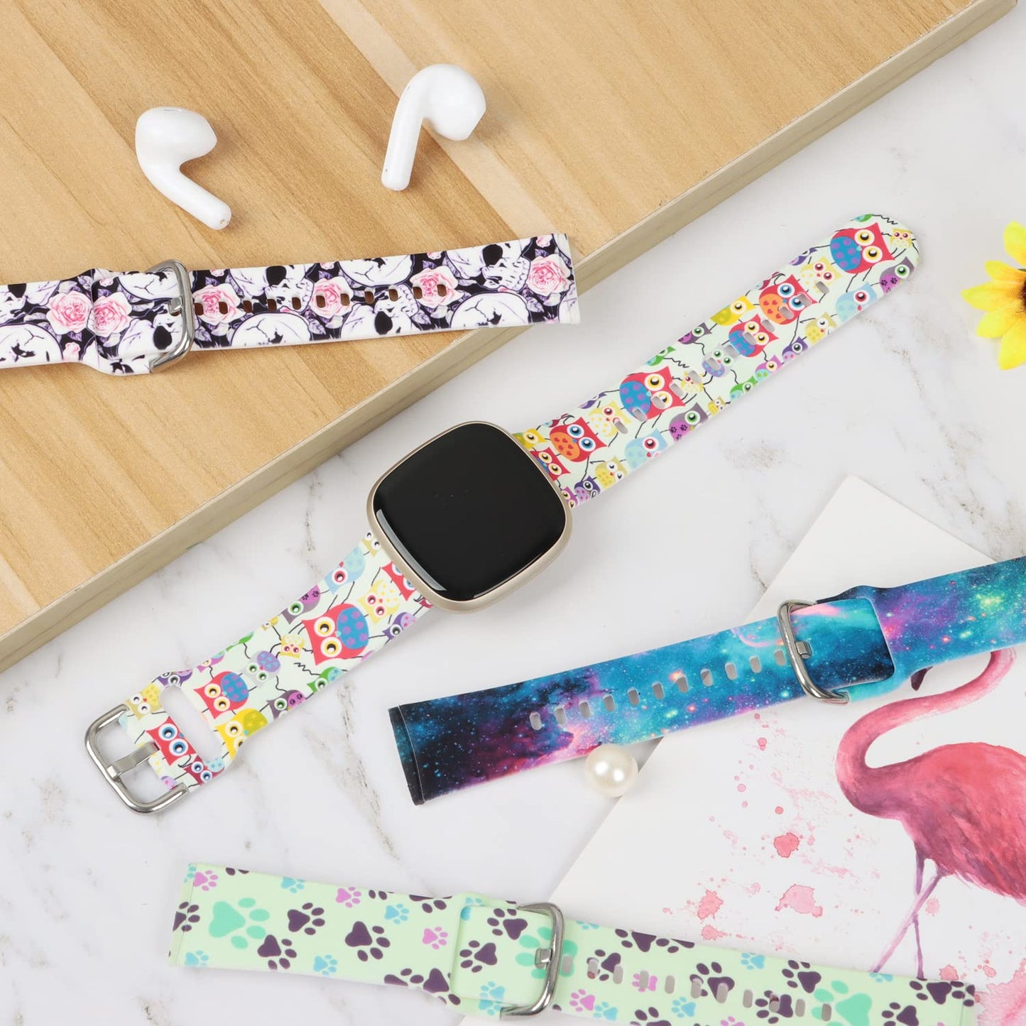 Ecute Silicone Waterproof Replacement Women Men Bands Strap for Fitbit Versa 3/4/Sense 2 1 Smartwatch - Cute Owl