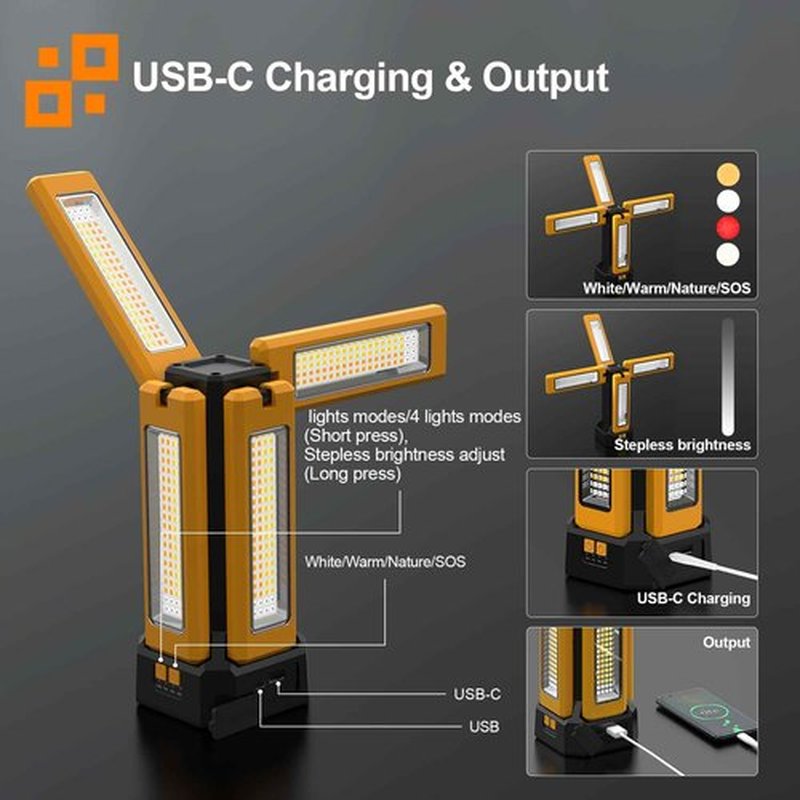 iodoo 13200mAh Rechargeable Solar Work Light, IPX4 Waterproof with Folding Stand Support and Portable Carrying Bag, 8000 Lumen Stepless Dimmable, 4 Lighting Modes, White/Warm/Warm White (Remote)