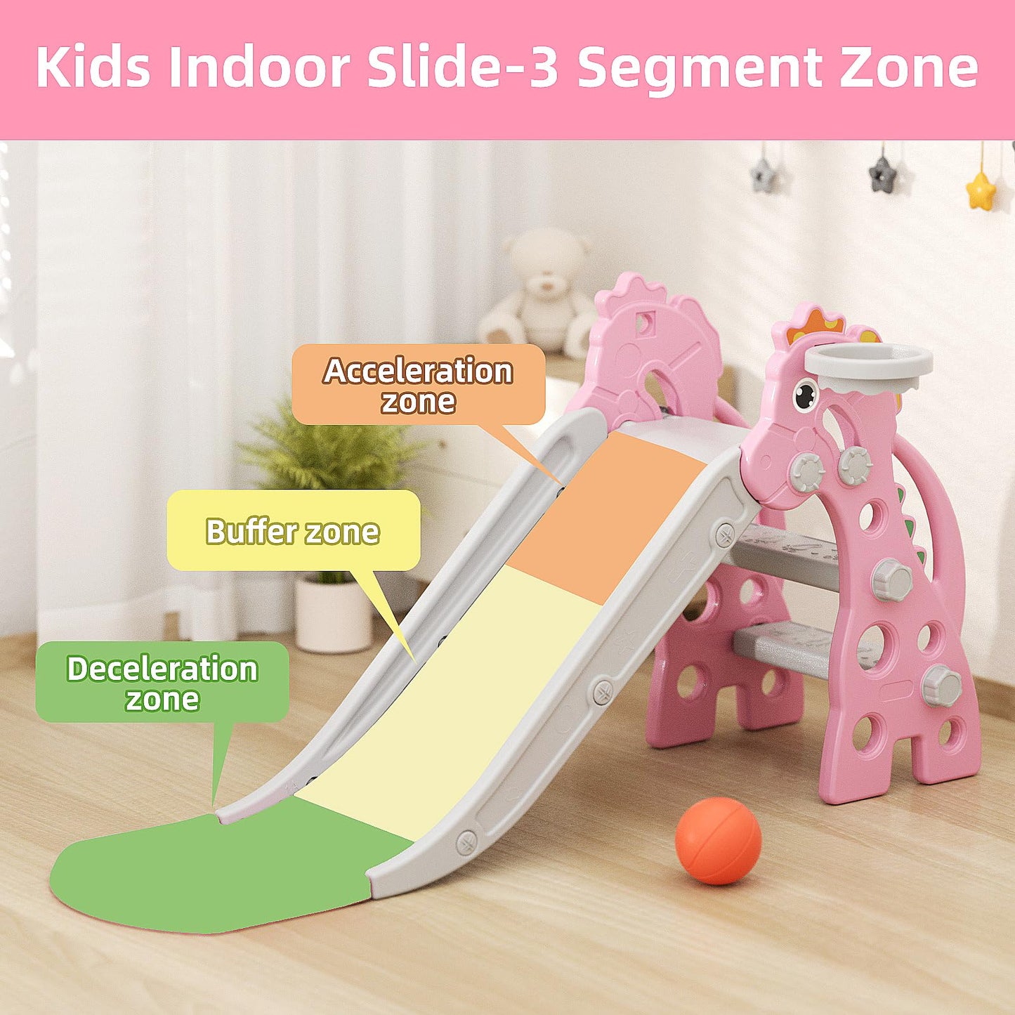 GLAF Toddler Slide Indoor for Toddlers 1-3 Baby Slide Outdoor Playset with Basketball Hoop and Ball Plastic Foldable Slides for Kids Backyard Climber Set (Pink)