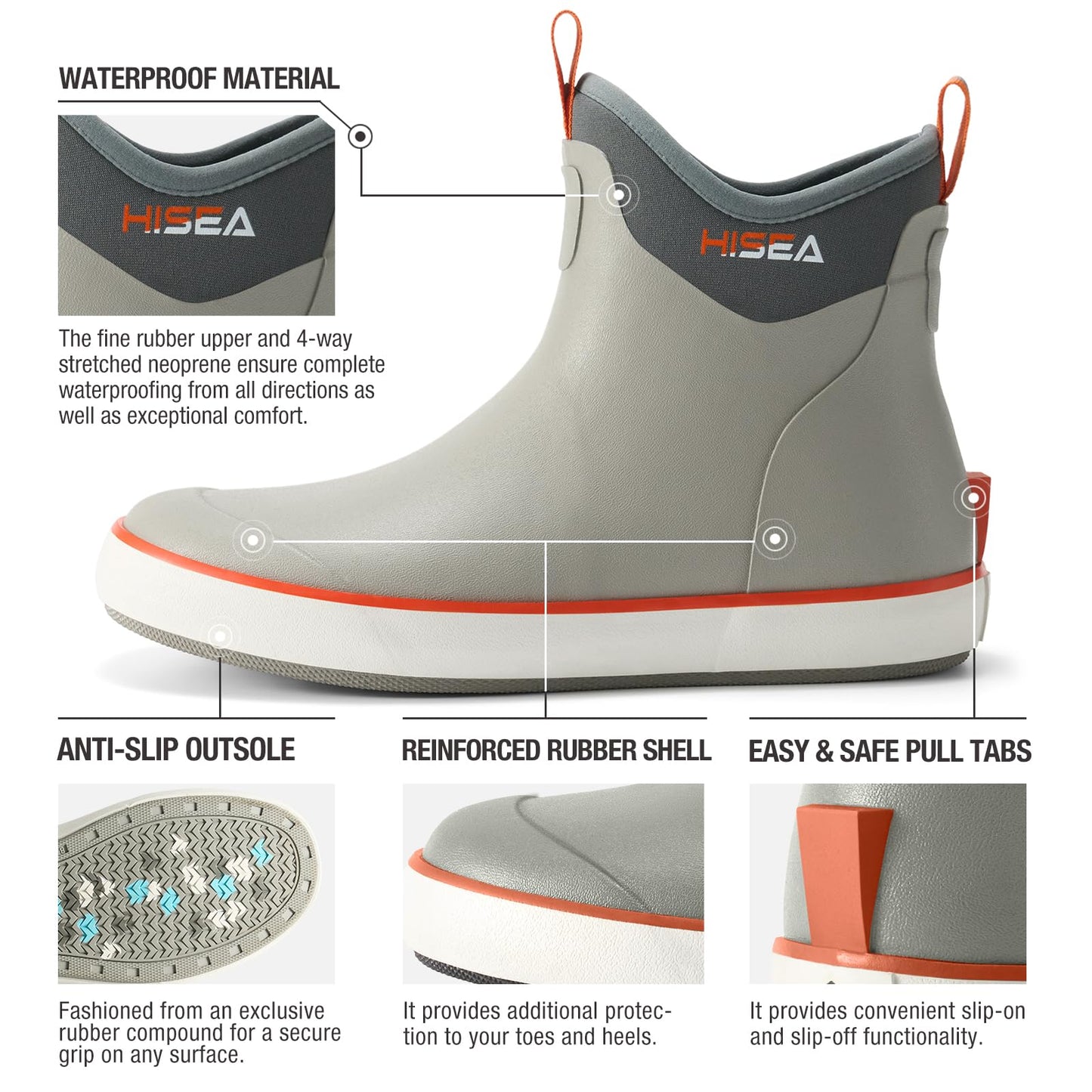 HISEA Men's Deck Boots, Waterproof Ankle Rain Boots, Saltwater Fishing Garden Boots with High Traction, Outdoor Short Rubber Shoes for Boating Sailing Farming Yard Work