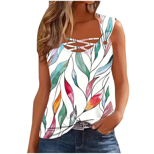 Gcvizuso Clearance Deals of The Day Womens Tank Tops Summer Casual Printing Tee Vacation Dressy Fashion Tshirt 2024 Sleeveless Loose Fit Blouse Womens Summer Tank Tops