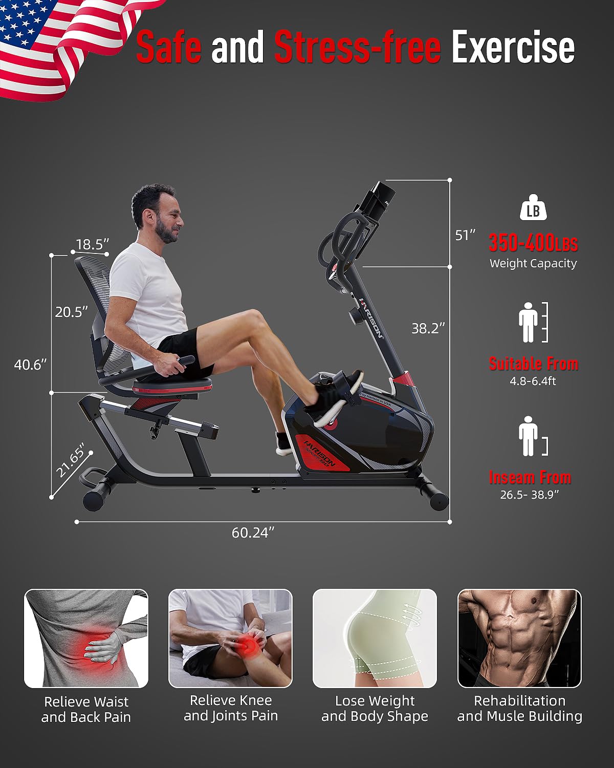 HARISON Recumbent Exercise Bike for Seniors Adults 400lbs Capacity, Magnetic Recumbent Stationary bike for Home with LCD Display, Multi-grip Handlebar, Heart Rate Handle, and Oversize Comfortable Seat (Plus Size)