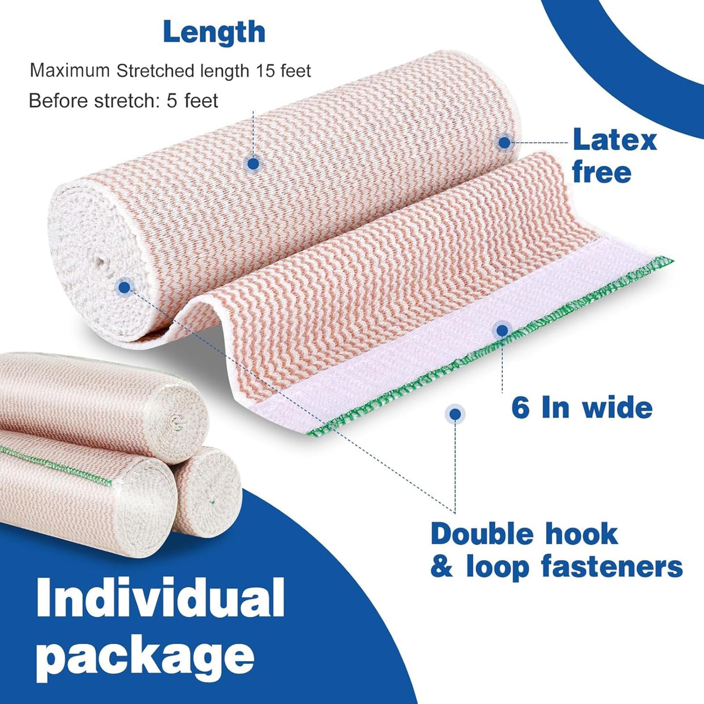 AZEN Premium 5 Pack Elastic Bandage Wrap 6 Inch, Compression Wrap Bandage for Legs, Ankle, Knee, Tummy, Body, Latex-Free, Lymphedema Wraps for Legs