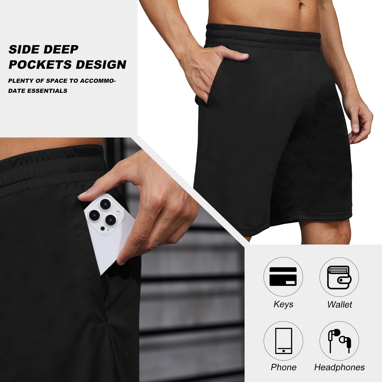 BVNSOZ Men's Athletic Shorts with Pockets and Elastic Waistband Quick Dry Workout Shorts for Men, Black x 2, Navy, Dark Grey, Light Grey, XL