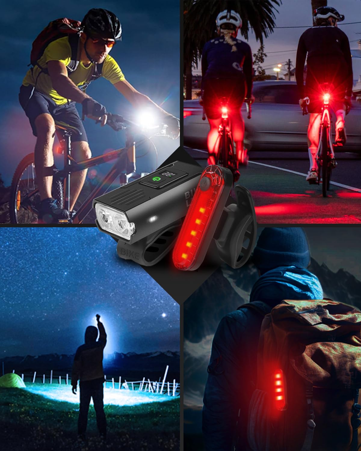 Victoper Bike Light, Power Display Super Bright Bicycle Light, 6+4 Modes USB Rechargeable Bike Headlight & Tail Light Set, Waterproof Safety Bike Front & Rear Light for Mountain, Night Riding