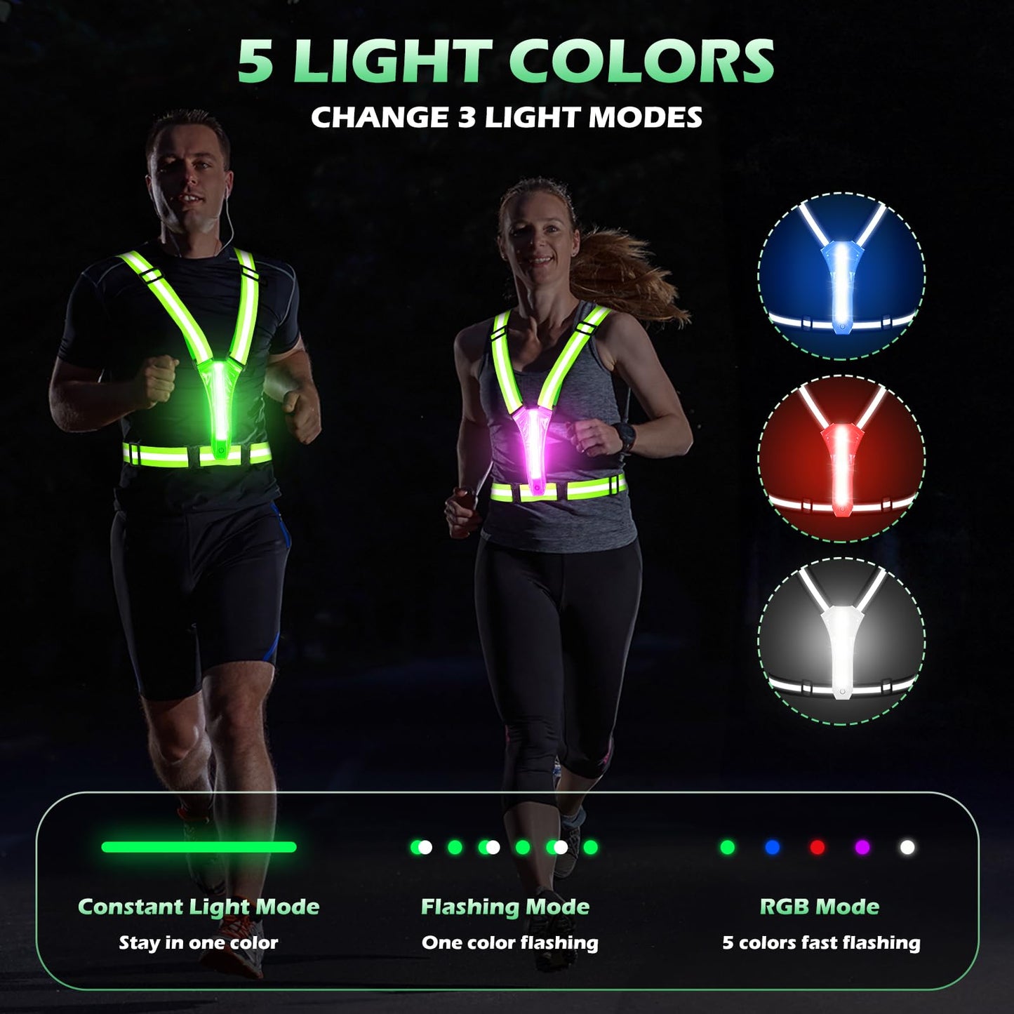 Cabbqiu LED Reflective Running Vest - Light Up Running Vest with 3 Light Mode & 5 Colors, Reflective Vest & Running Lights for Runners, Rechargeable Night Running Gear - Reflective Belt Safety Vest