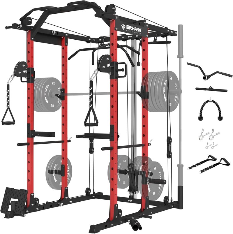 Power Cage - 1500LBS Multi-Function Workout Rack with Cable Crossover | Home Gym Equipment (Red)