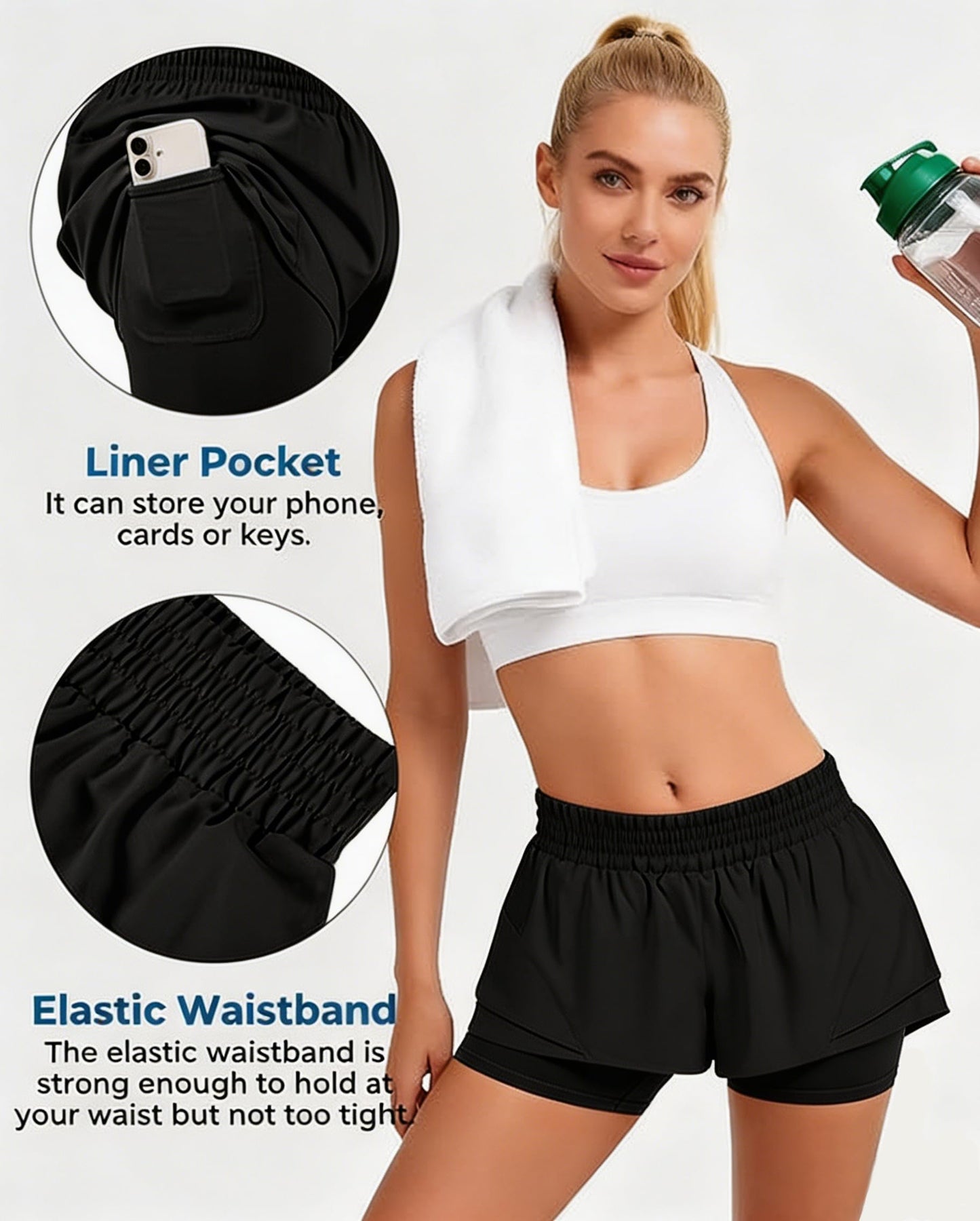 Apyovic Running Shorts for Women 2 in 1 Quick Dry Workout Athletic Shorts with Liner Pockets for Gym Tennis Hiking Black