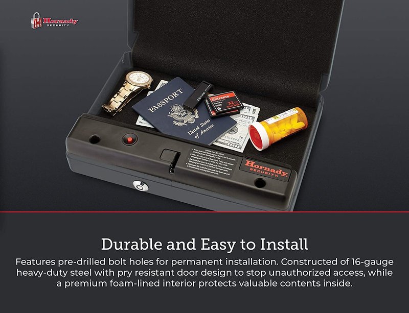 Hornady Handgun Vault Safe with Keypad Entry – Secure Your Firearms and Valuables – 4-6 Keypad Entry, Interior Light and Backup Keys – Black, 12 (H) x 8.3 (W) x 2.6 (D) Inches – Item 95432