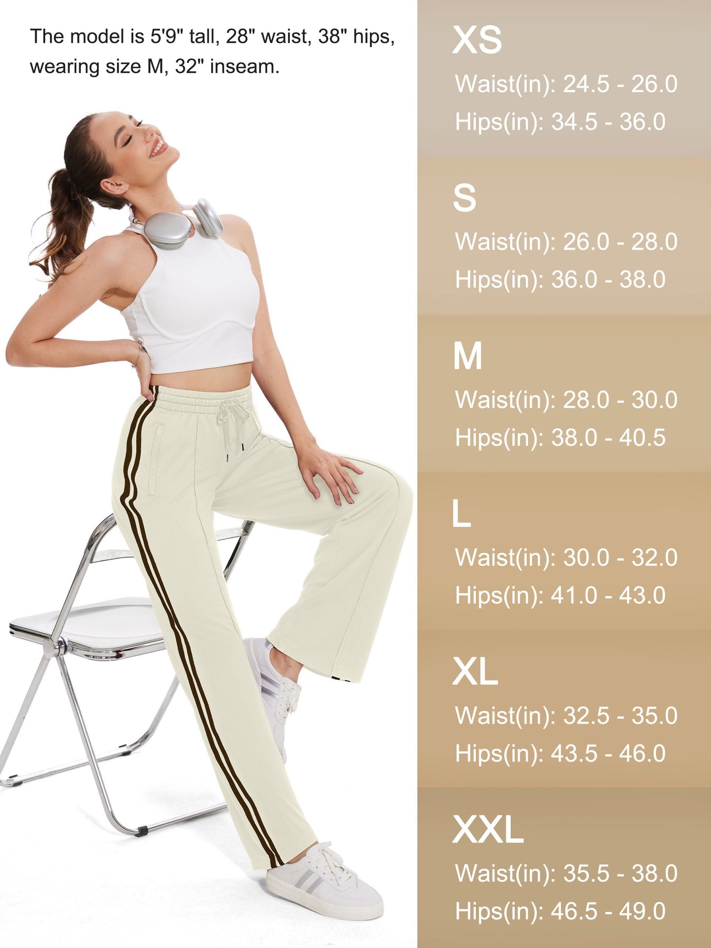 Tapata Long Women's 32" Inseam Casual Pants Track Athletic Sweatpants Warm Up Loose Side Stripe Street Slacks, Beige, XXL