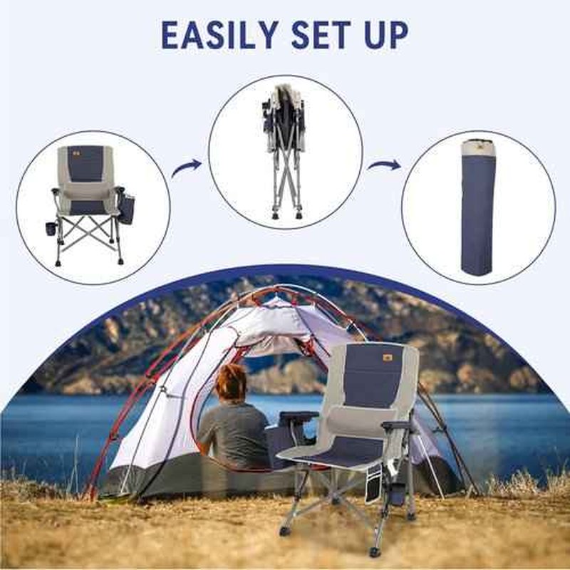 Ablazer Camping Chairs for Adults, Support 350 LBS Folding Chairs for Outside, Lawn Chairs Heavy Duty with Cooler Bag & Cup Holder (Blue & Grey)