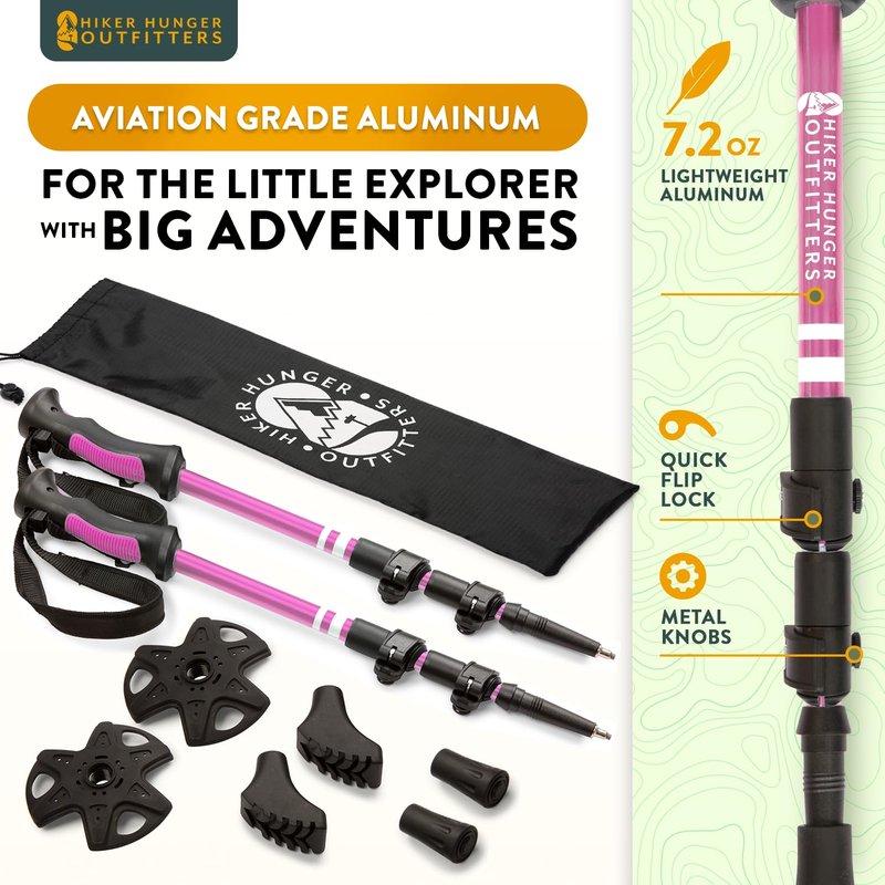 Kids Hiking Poles by USA Brand - Lightweight Collapsible Kids Walking Stick w/Quick Adjustable Flip Locks (Pink)