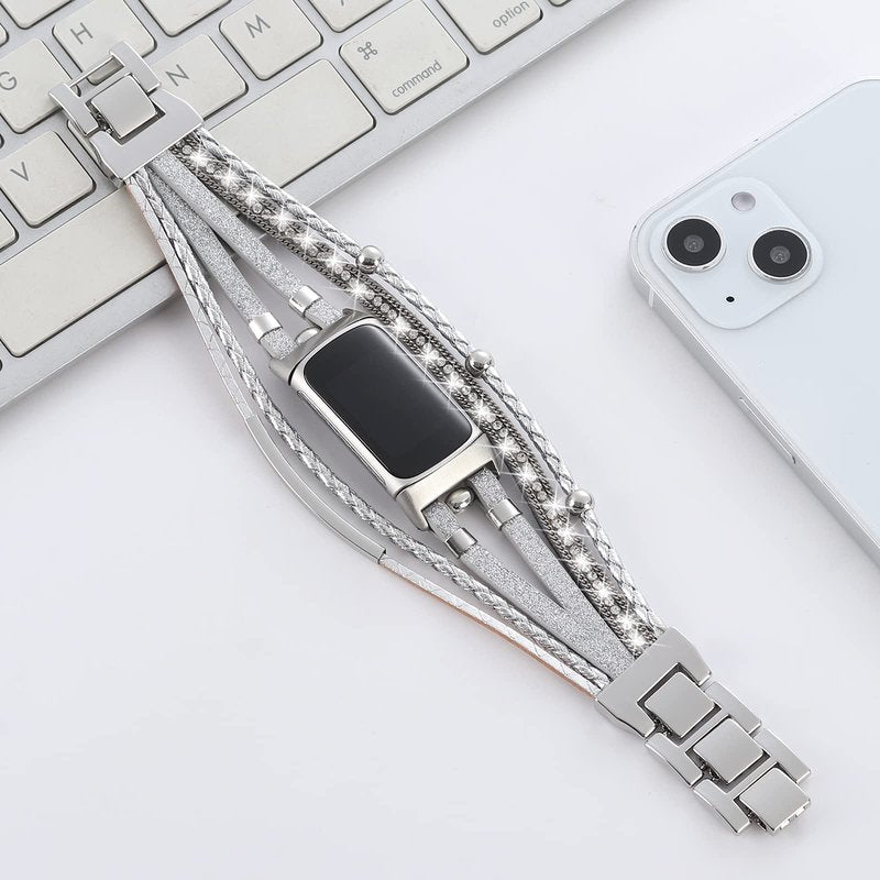 Leather Bands Compatible with Fitbit Charge 6/Charge 5 Bands for Women, Boho Handmade Multilayer Wrap Bracelets Jewelry Strap Replacement for Charge 6/Charge 5 Fitness Tracker (Silver)