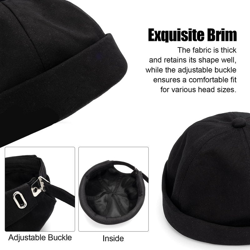 Mens Brimless Cap Cotton Docker Hat, Classic Skullcap Beanie Sailor Cap for Casual Work and Daily (Black)