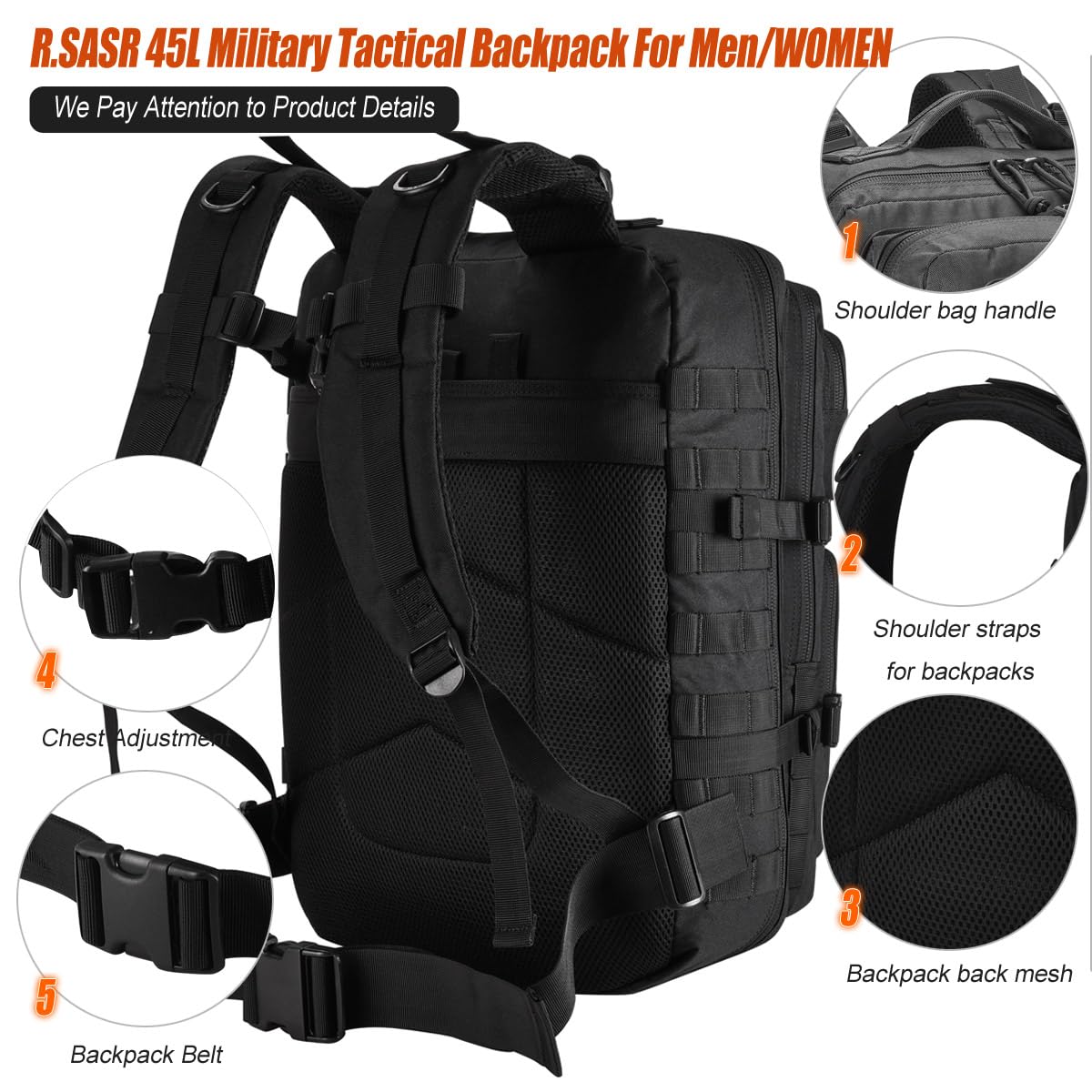 R.SASR 45L Black Tactical Backpack Military Assault Pack, MOLLE System Large 3 Day Bug Out Bag for Men Women Hiking Camping(Black-01)