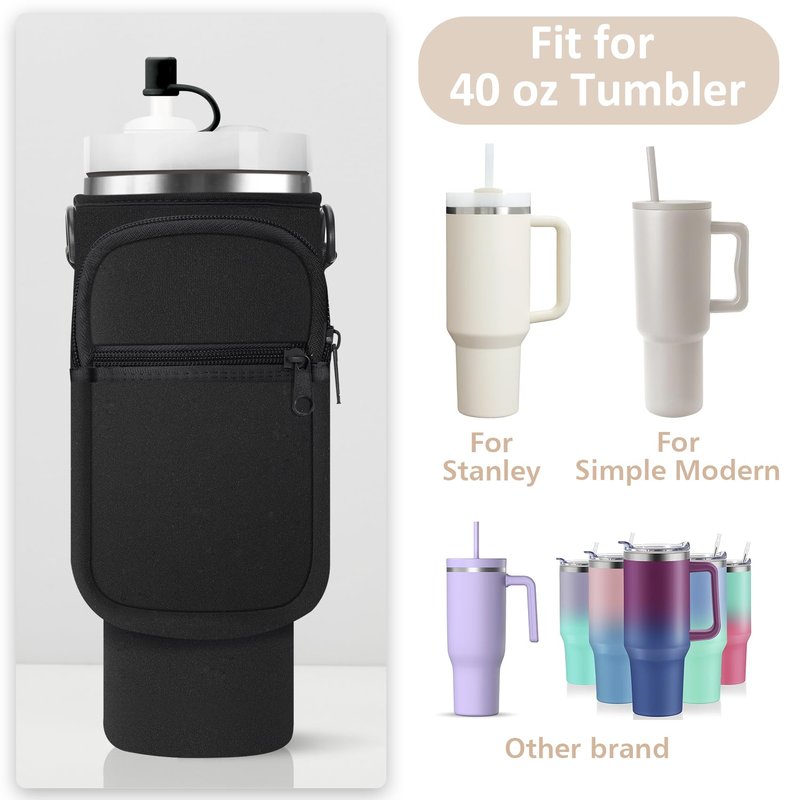 AceTreker Water Bottle Sleeve Bag for Stanley 30/40 oz Tumbler with Handle & Phone Pocket, Neoprene Metal Travel Coffee Mug Carrier Sling for Walking Hiking Driving-Black