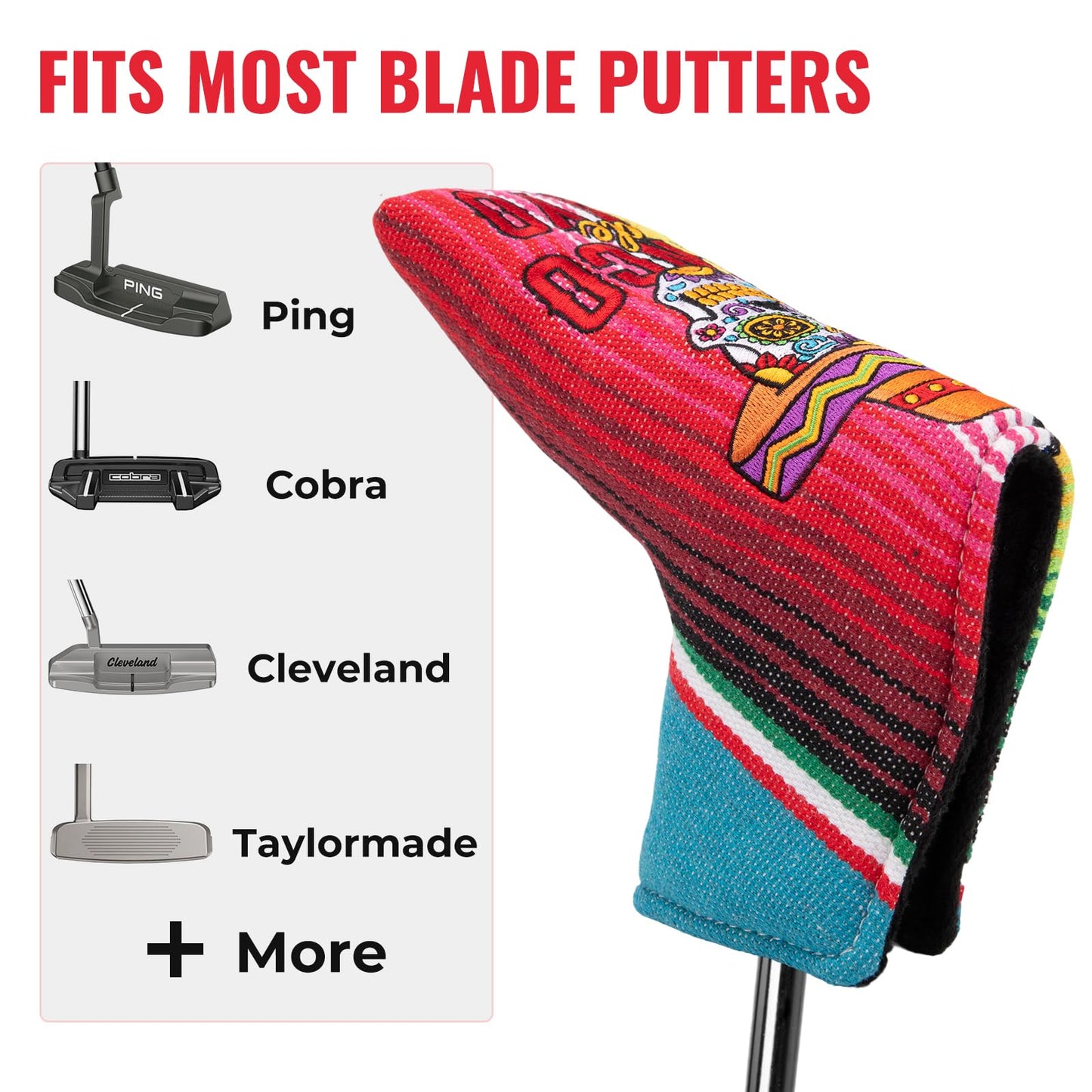 Golf Blade Putter Cover, Golf Blade Covers with Strong Magnetic Closure, Colorful Skull Design Putter Head Cover Durable Canvas Material Blade Putter Headcover