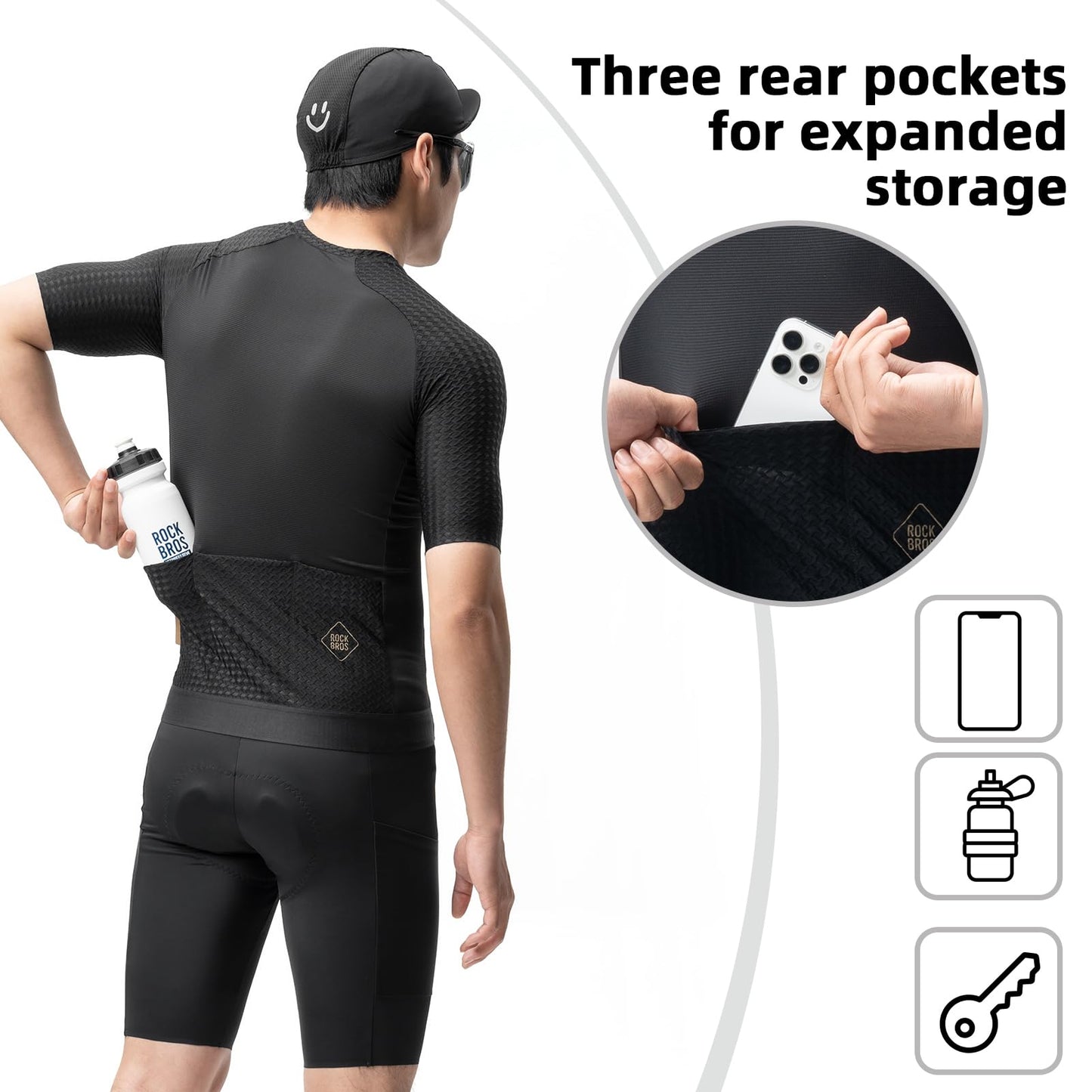 ROCKBROS Men's Cycling Jersey Short Sleeve Road Bike Shirt Zipper Pocket Quick Dry Bicycle Jersey Race Fit Runs Small Black