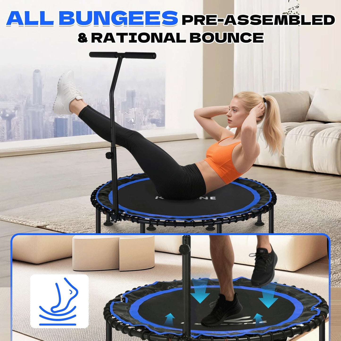 K KENSONE Foldable Rebounder Trampoline - 40/48" Indoor Mini Trampoline for Adults | 450/550 LBS Capacity, Quiet Bungee Design for Home Fitness