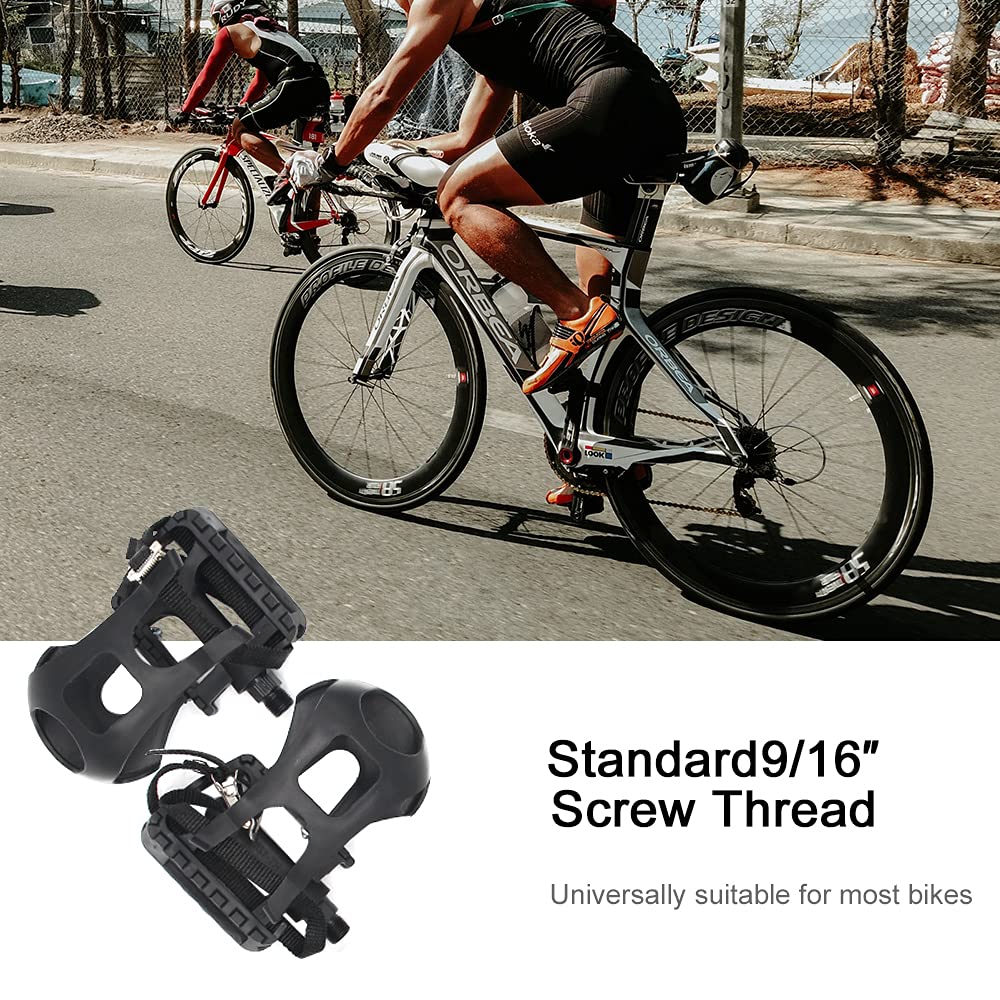 UFANME Bike Pedals, Bicycle Pedals Fitness Exercise Spin Bike with Toe Clips Cage and Straps for Outdoor Cycling and Indoor Stationary Bike 9/16-Inch Spindle Resin/Alloy Bicycle Multi-Purpose Pedals