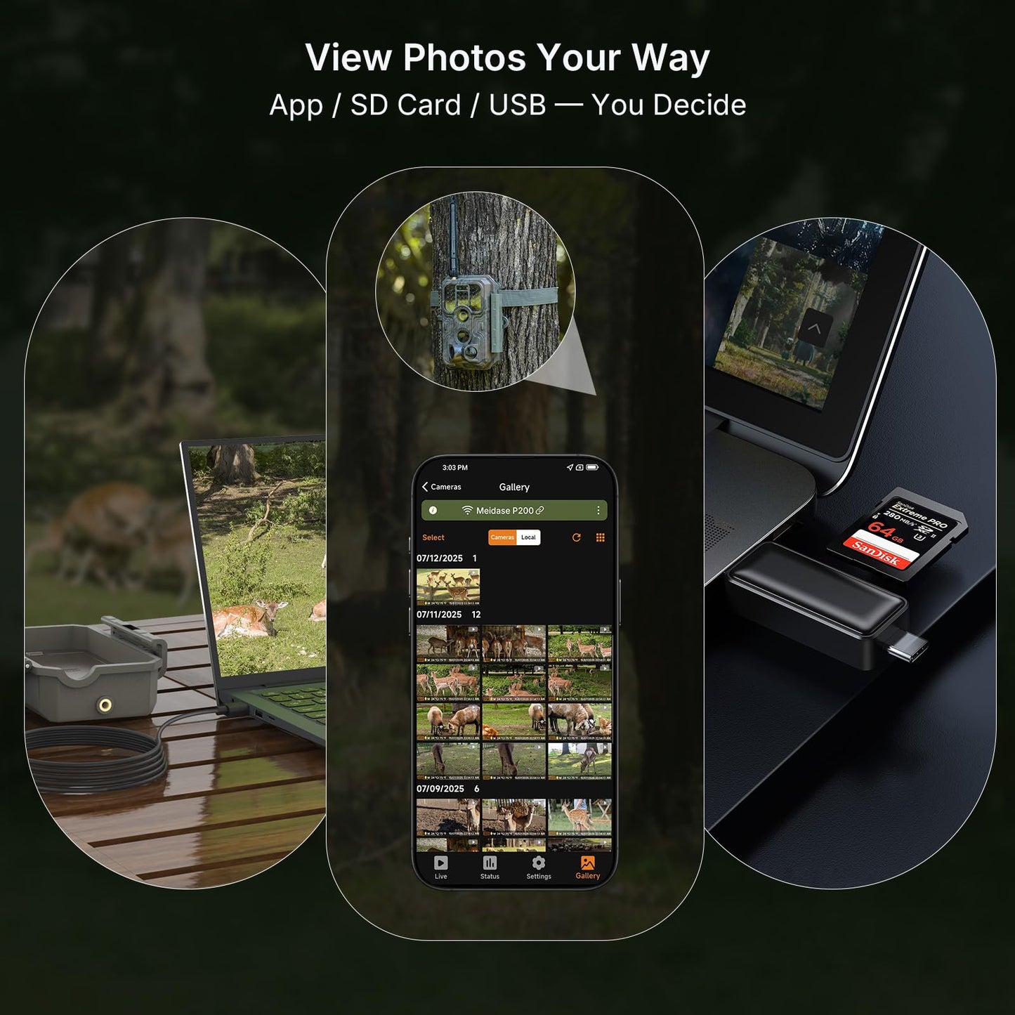 Meidase P200 WiFi (Non-Cellular) Trail Camera, 64MP Photo, 1296p Video, Bluetooth WiFi App Control, 0.1s Motion Detection, No Glow Night Vision 100ft, for Wildlife Animal Scouting or Backyard