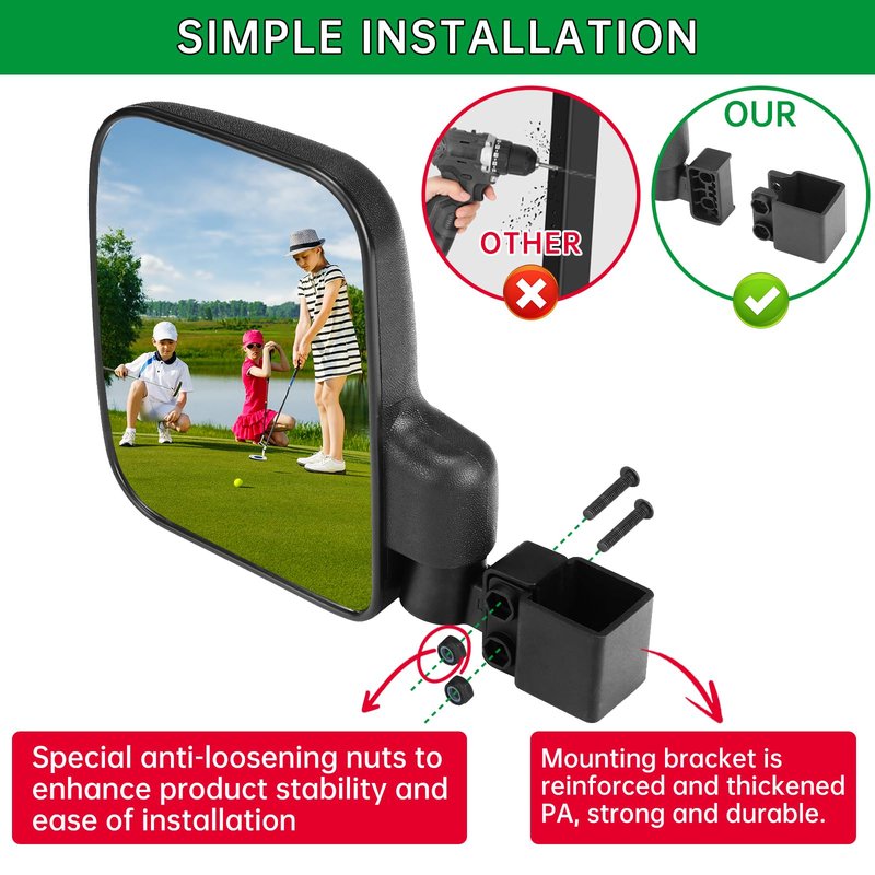 SHEJISI Golf Cart Mirror, Upgraded Hassle-Free Installation 3 Sizes for Square Tube Roll Cage Compatible with Club Car Onward DS,Yamaha Drive 2 G22 G29,EZ GO Medalist RXV TXT,ICON,Cushman,Tomberlin