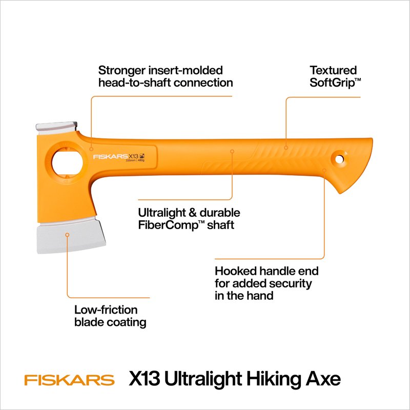 Fiskars X13 Ultralight Hiking Axe 13", Ultra-Sharp Forged Steel Blade for Efficient Chopping & Camping, 15% Lighter High-Visibility Orange FiberComp Handle Drives Tent Stakes, Sheath Included