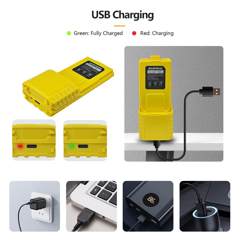 BAOFENG UV-5R Radio Battery Extended 3800mAh USB-C Charging Yellow Replacement for BF-F8HP New Version for BF-F8 Rechargeable Bl-5 Two Way Radio Battery with Type-c Cable