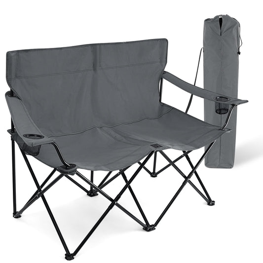 HaSteeL Foldable Camping Chair, Double Seat Folding Camp Chair for 2 Persons, Portable & Large for Outdoor Fishing, Hiking, Travel, Picnic, Beach, Lawn, Patio, Include Storage Bag (Grey)