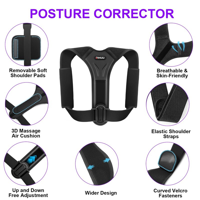 ZINUU Posture Corrector for Women and Men, Upgraded Comfortable Upper Back Brace with Shoulder Pads & 3D Pad, Adjustable Back Straightener Support for Back, Shoulder and Neck (Black-M)