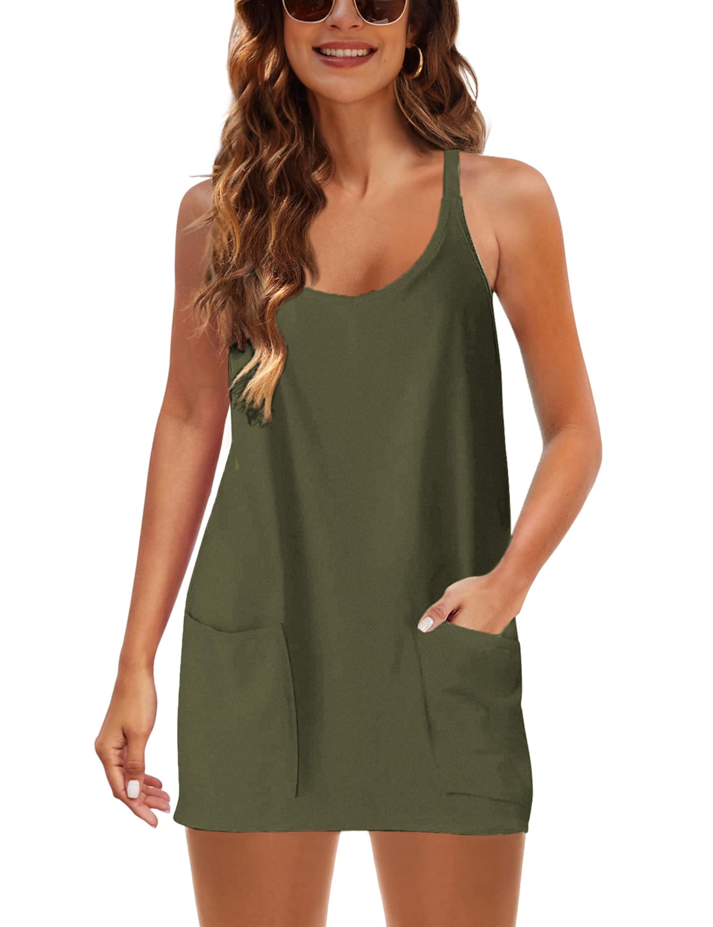 Lentta Womens Athletic Sleeveless Mini Dress with Built-in Shorts V Neck Spaghetti Strap Sundress(ArmyGreen-M)