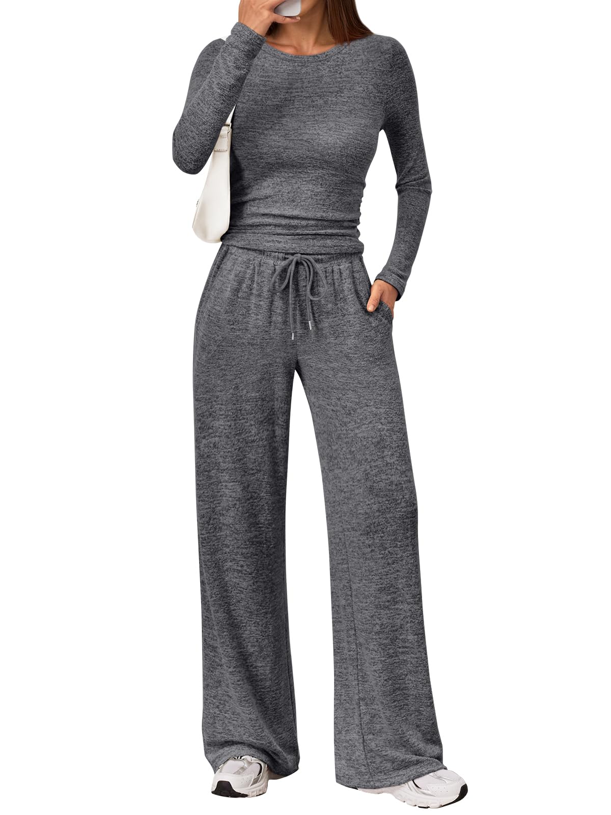 LILLUSORY Womens 2 Piece Matching Lounge Sets 2025 Fall Fashion Knit Sweater Airport Travel Vacation Outfits Gym Sweatsuits Grey M