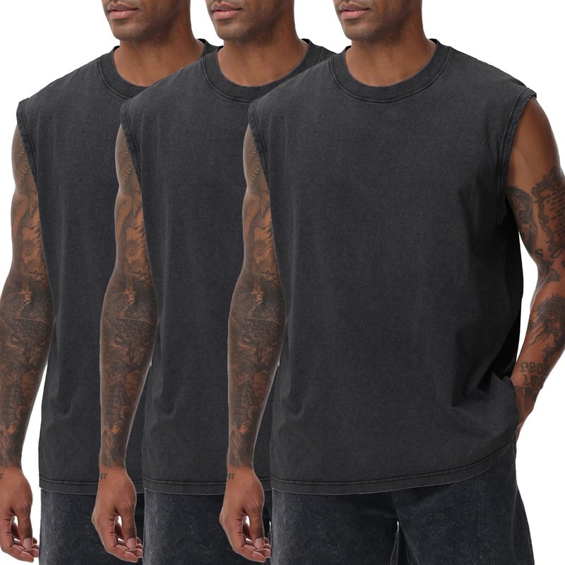 3 Pack Mens Workout Tank Tops Sleeveless Tee Shirts Men Muscle Shirt Gym Acid Wash T Shirts Running Beach Loose Fit Tee(BK-3PC,2XL)
