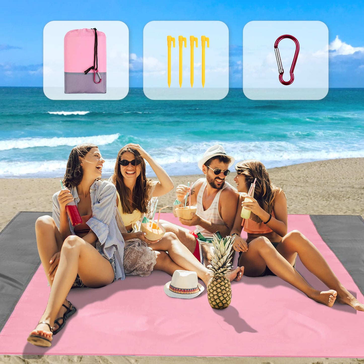 MUEUSS Pink Beach Blanket Waterproof Sandproof Beach Mat Sand Free for 4-8 Adults,Pink Picnic Blankets,Outdoor Blanket Waterproof Picnic Blanket for Travel, Camping, Hiking,Picnic Blanket (Pink)